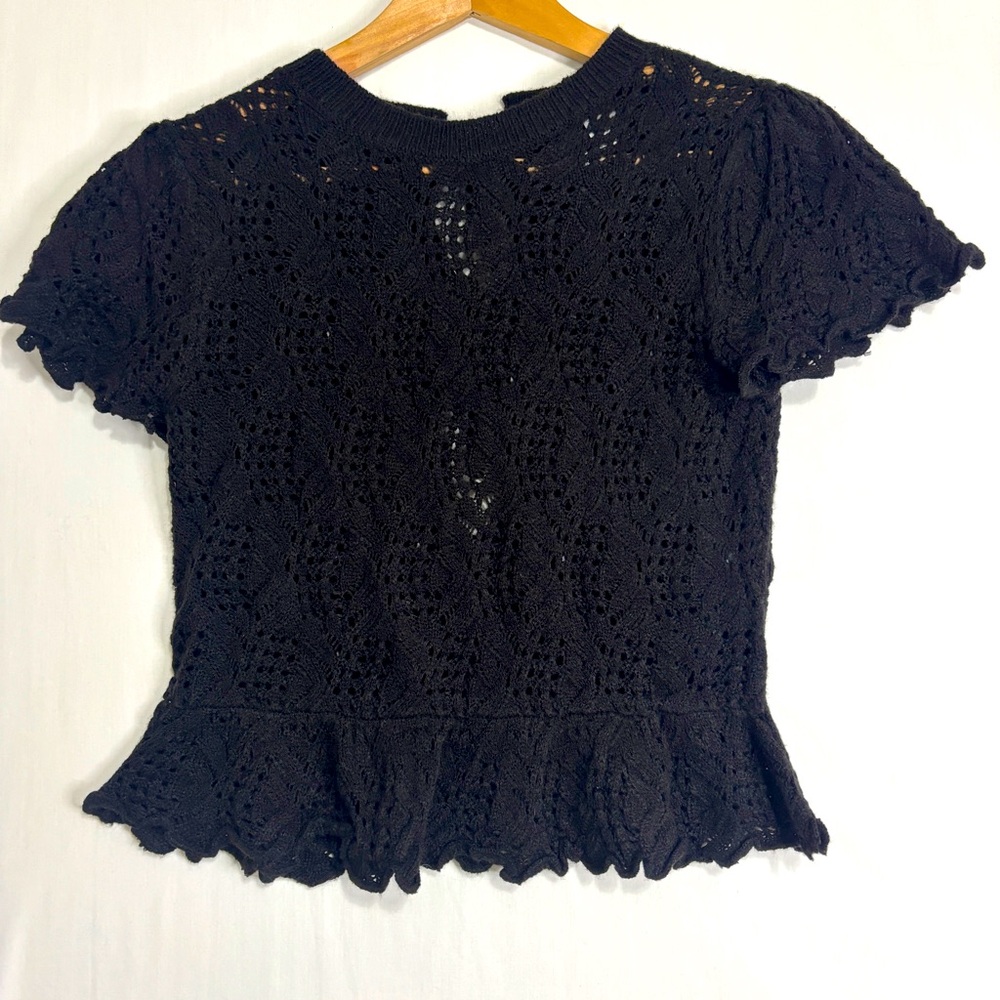 Divided Cropped Sweater Sz S Crocheted‎ Black Tie Back Whimsigoth Dark Fairy Y2K